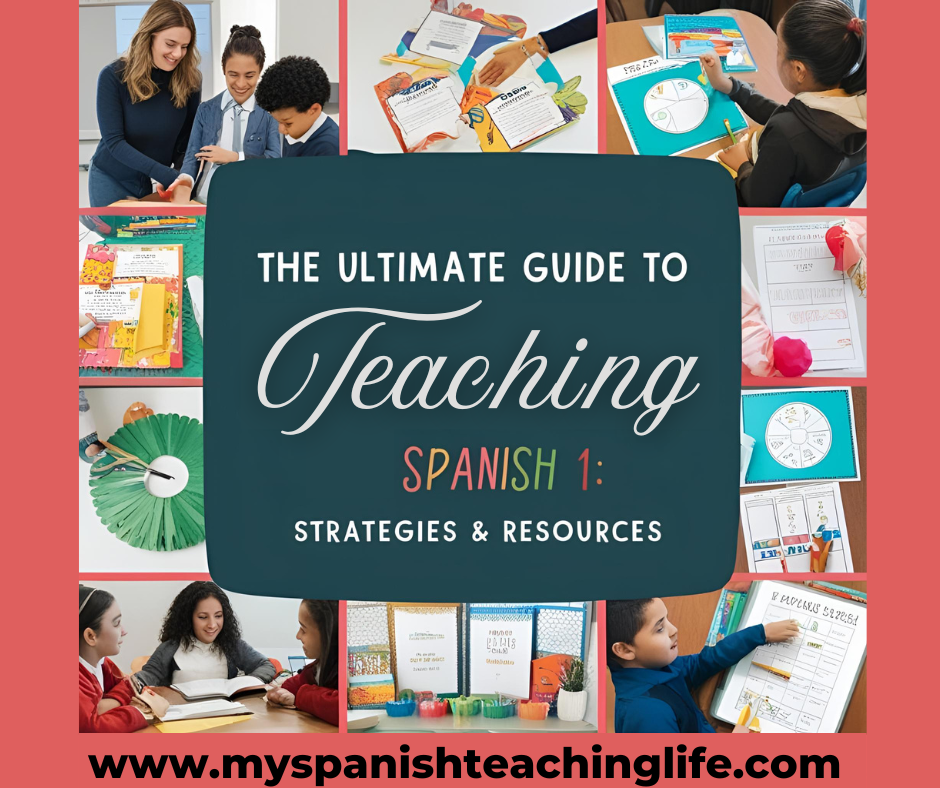 A Spanish teacher engaging students with interactive learning activities in a Spanish 1 classroom.